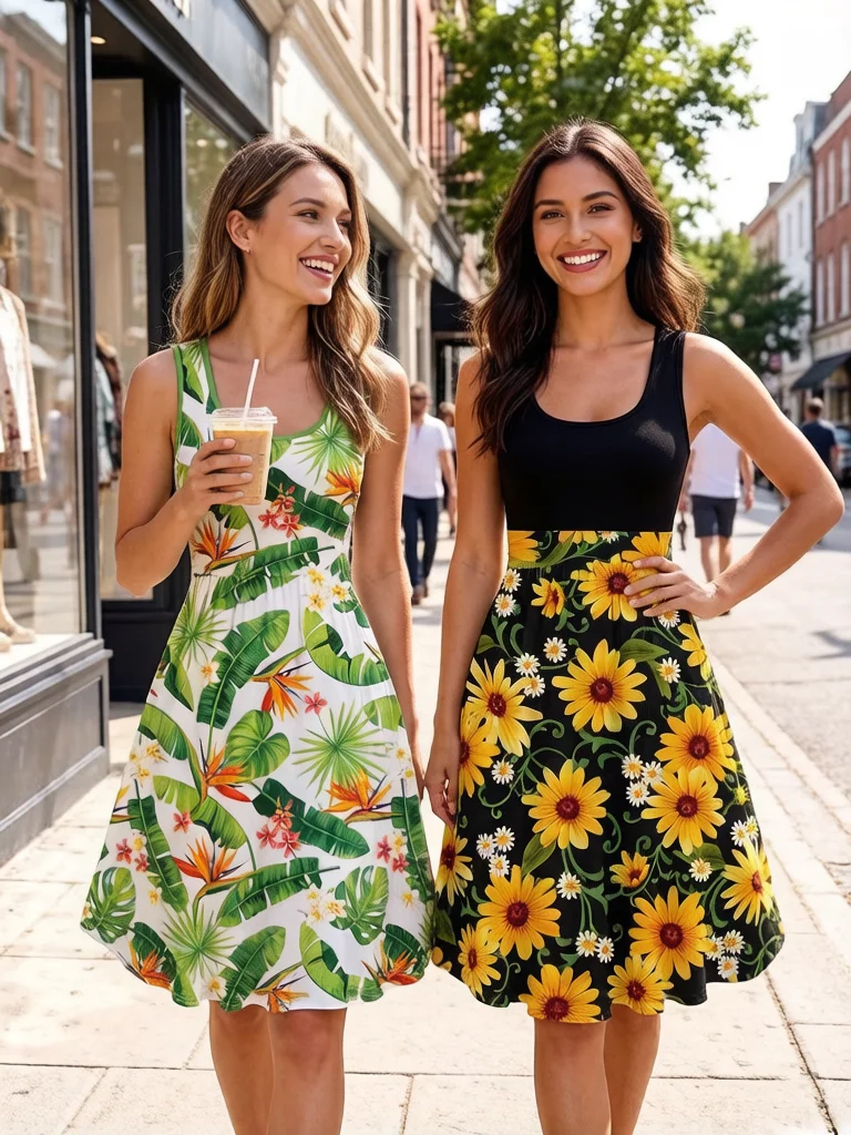 Vestidos Vintage dos Anos 1950 para Mulheres, Vestido Casual com Estampa de Girassol e Folhas