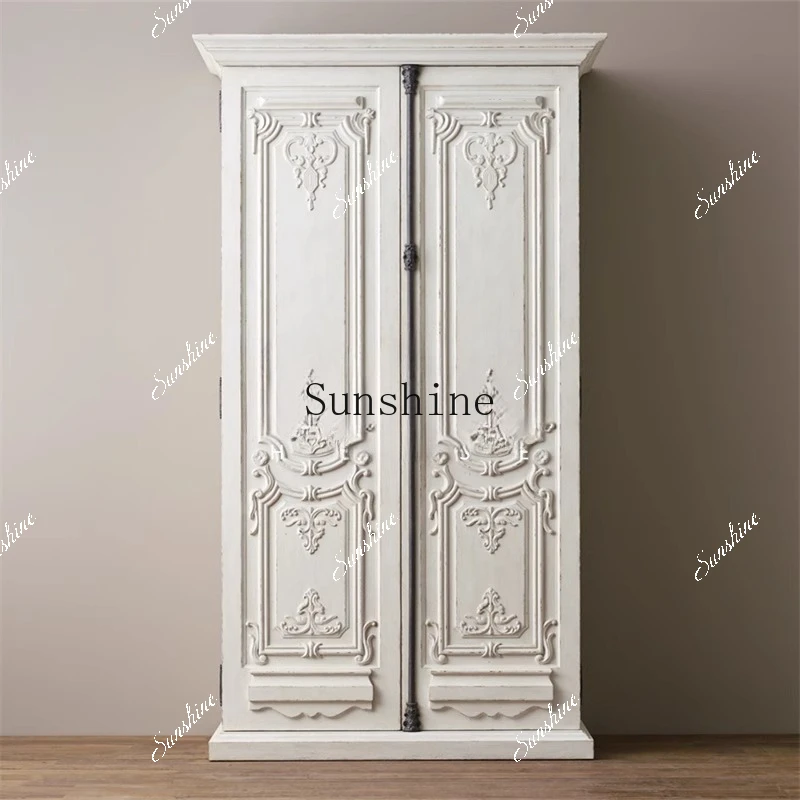 

French retro old solid wood carving flower palace antique carved heaven and earth lock storage cabinet