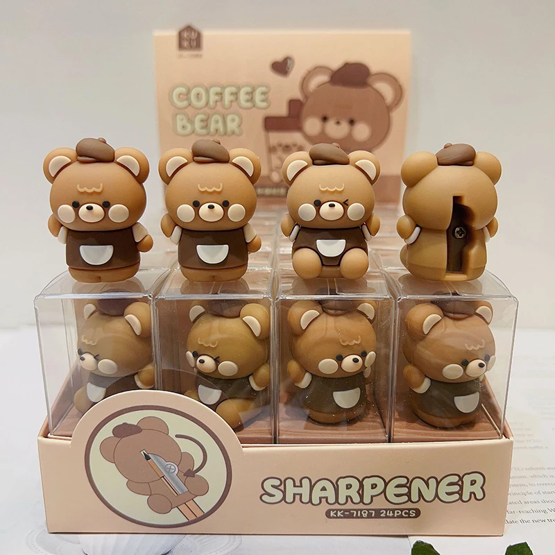 Coffee Bear Pencil Sharpener Kawaii Cartoon Single Hole Pencil Cutter Kid Gift Toy Korean Stationery Cute School Office Supplies