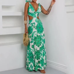 Ellafads Maxi Dress Women's 2024 Summer Elegant Suspender Sleeveless Printed Tie Hollow Slim Party Holiday Dresses Streetwear