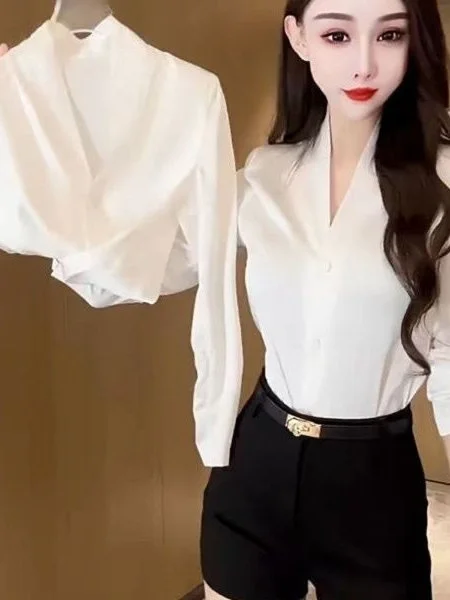 

Slim Fit Long Sve V-Ne oulder-Length Women's irt Versatile Sle Commute Faion Casual Wear Comfortable Polyester