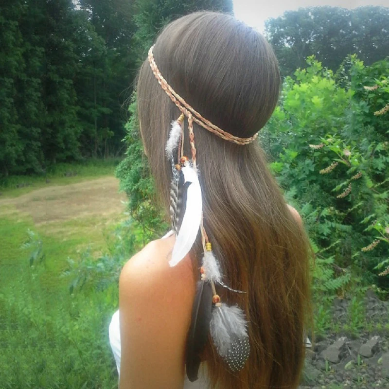 Beautiful Boho Style Feather Headband Headdress Tribal Hair Feather Rope Headpieces Hippie Party Indian Jewelry Hair Accessories