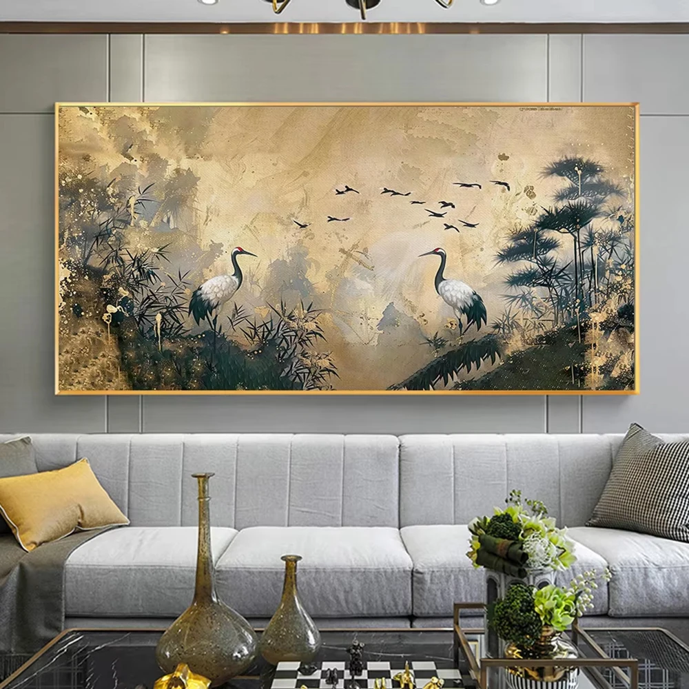 Bambus- und Kranich-Landschaft Leinwandgemälde Dekor Japanische Goldene Minimalistische Leinwandkunstdrucke Vollmond und Vögel Wandkunst Poster – Detail 5