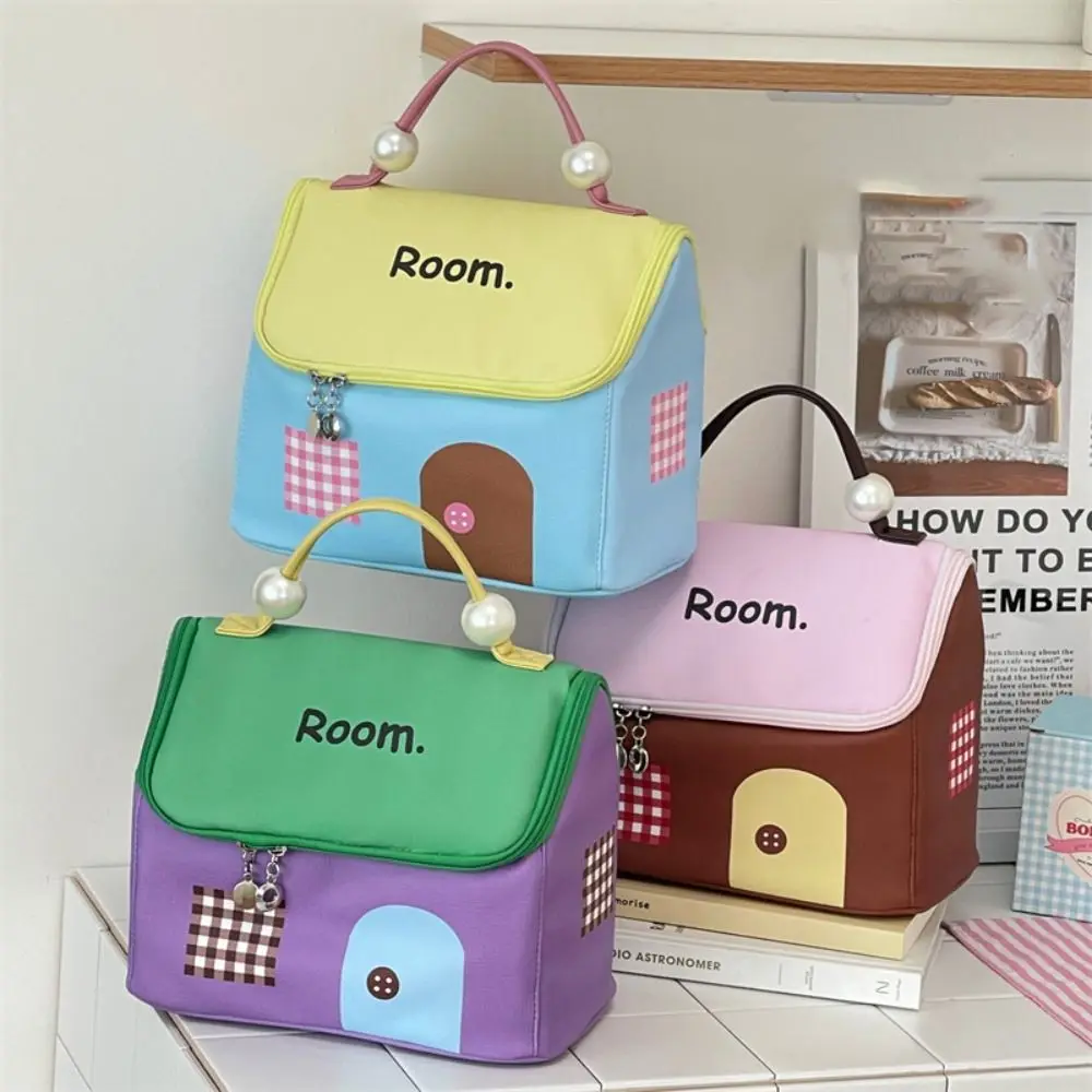 Nylon Handheld Makeup Bag Clutch Bag Cartoon House Shape Cosmetic Bag Large Capacity Multifunctional Skincare Storage Bag Women