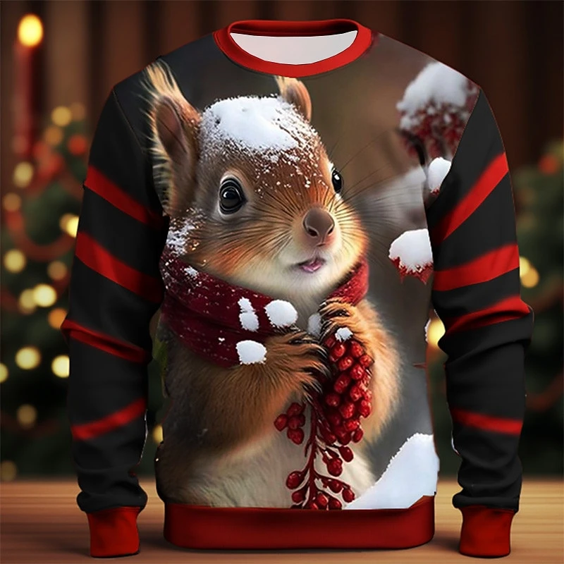 

Cute Squirrel pattern 3D Printed Men's T-shirt Fashion Long Sleeve Hoodie Casual O-Neck Loose Mens Top Autumn Christmas Clothing