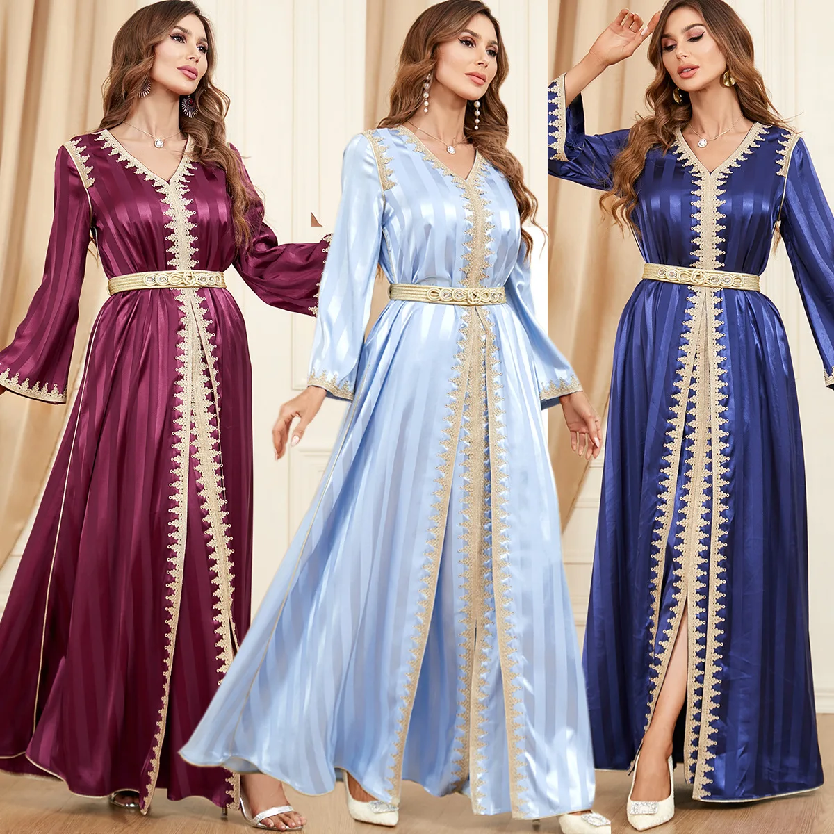 

Ramadan Saudi Arabia Middle East Dubai Autumn And Winter New Muslim Fashion Islamic Women's Satin Two Piece Evening Dress Set