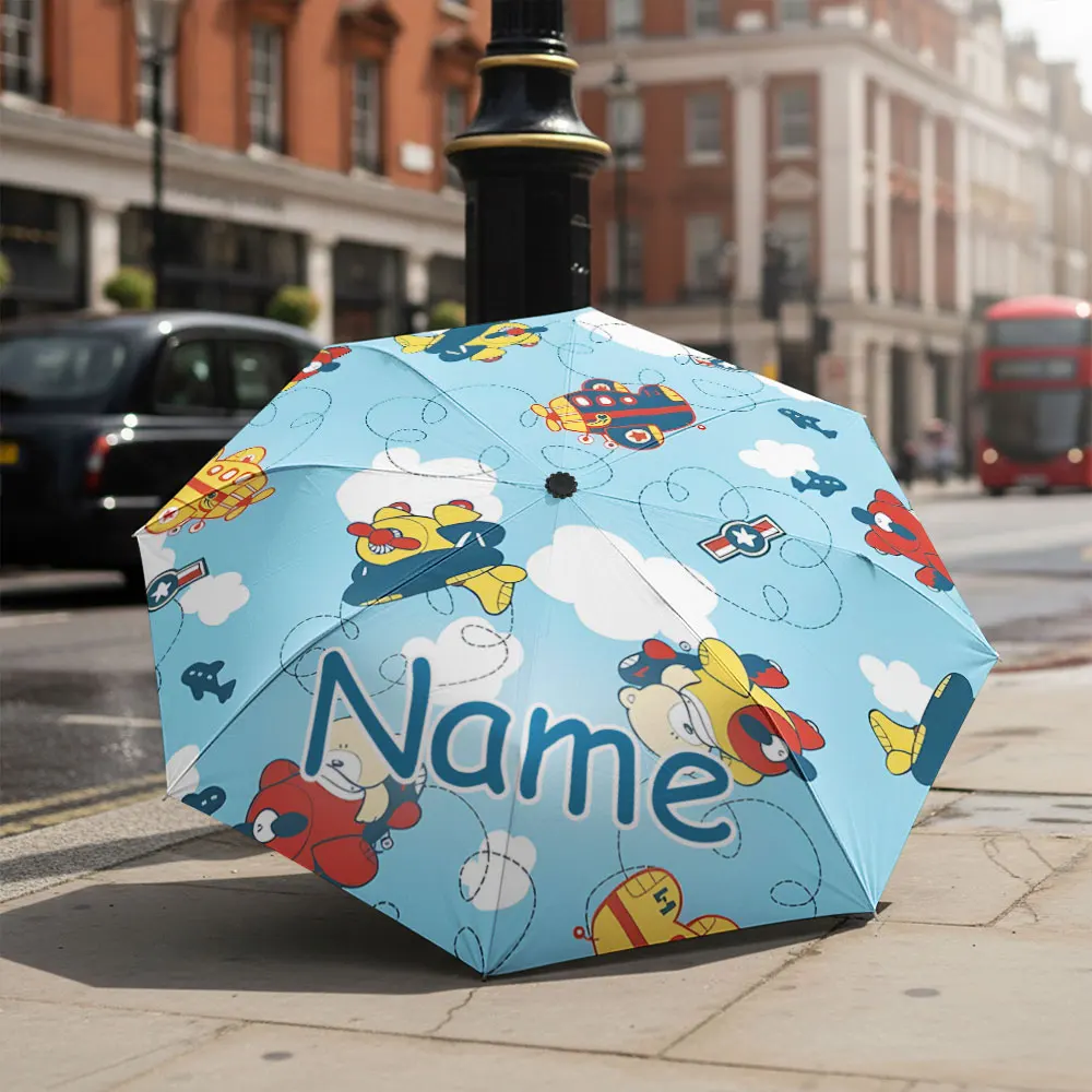 Custom Name umbrella, Colorful Cartoon Airplanes and Clouds Printed  Fashion Folding Umbrella for Sunny and Rainy Days, gifts