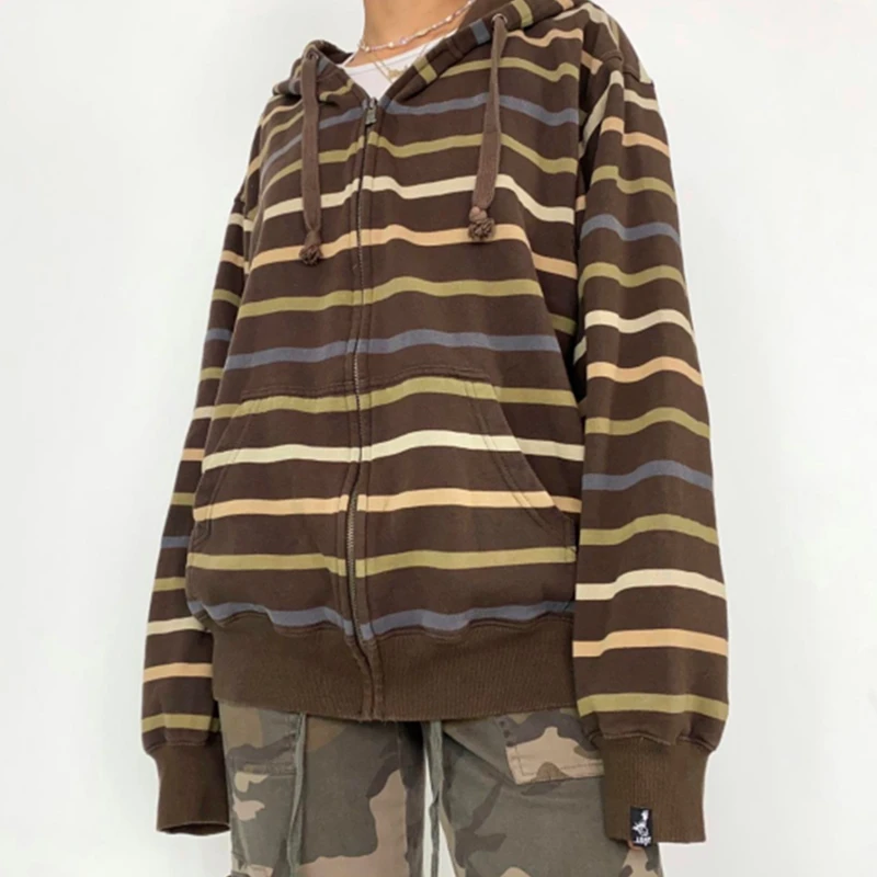 Ästhetisches Sweatshirt, gestreift, langärmelig, Tops mit Taschen, Kapuzenpullover für Damen, Grunge Emo, Y2K-Kleidung, Streetwear