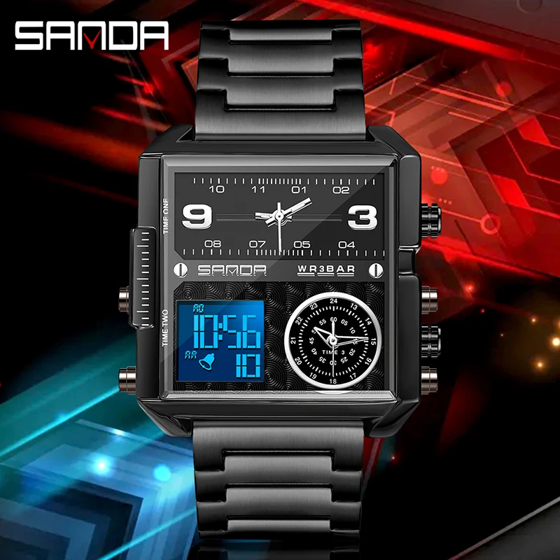 

Square SANDA 6023 Casual Personality Business Men's Watch Fashion Square Electronic Watch Cool Stainless Steel Luminous Watch