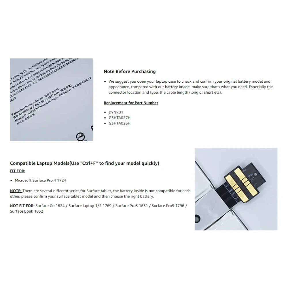 Imagem -04 - Bateria de Substituição do Portátil para Microsoft Surface Pro 1724 G3hta027h Dynr01 5087mah Bateria do Notebook