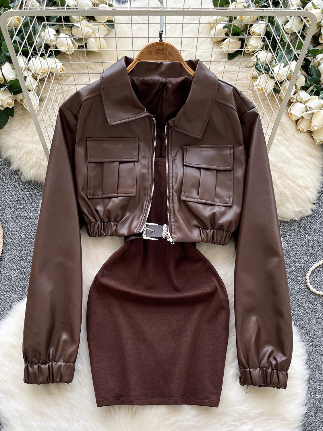 

Retro American Hot Girl Faion ort Sve Leather Jaet with ket Long Sve ort Dr Two Piece Set Women's Clothing