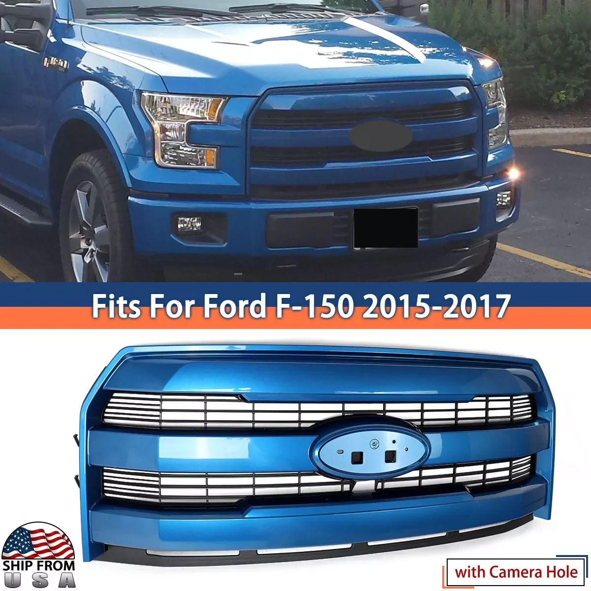 Front Grille Assembly Modified Grill Replace For 2015 2016 2017 Ford F150 Front Bumper Upper Grille w/ Camera Hole Blue Flame N1