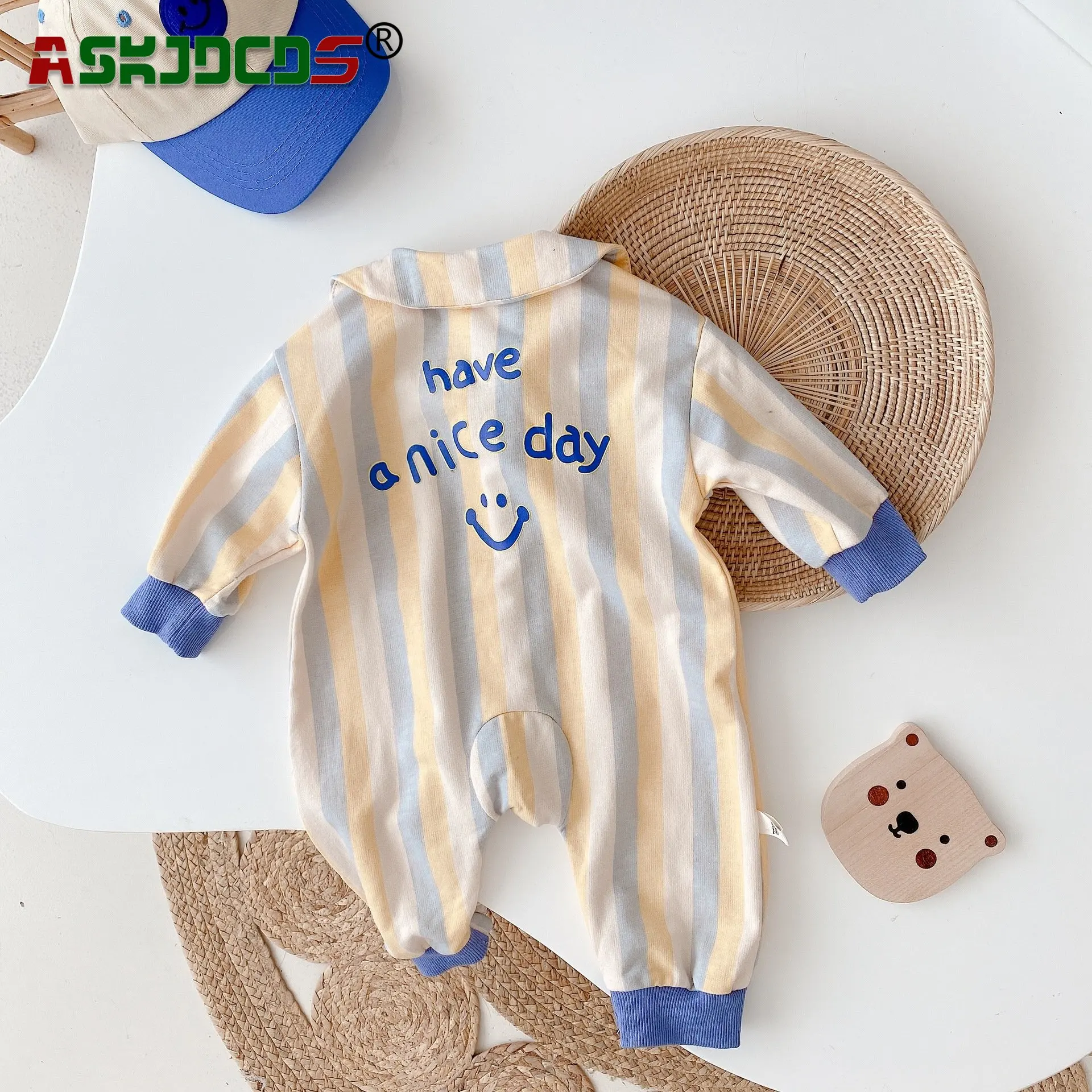 

Autumn 2023 Single-Breasted Full Sleeve Letter Clothes Kids Baby Boys Striped Turn-Down Collar One-Piece Romper, Infant Newborn