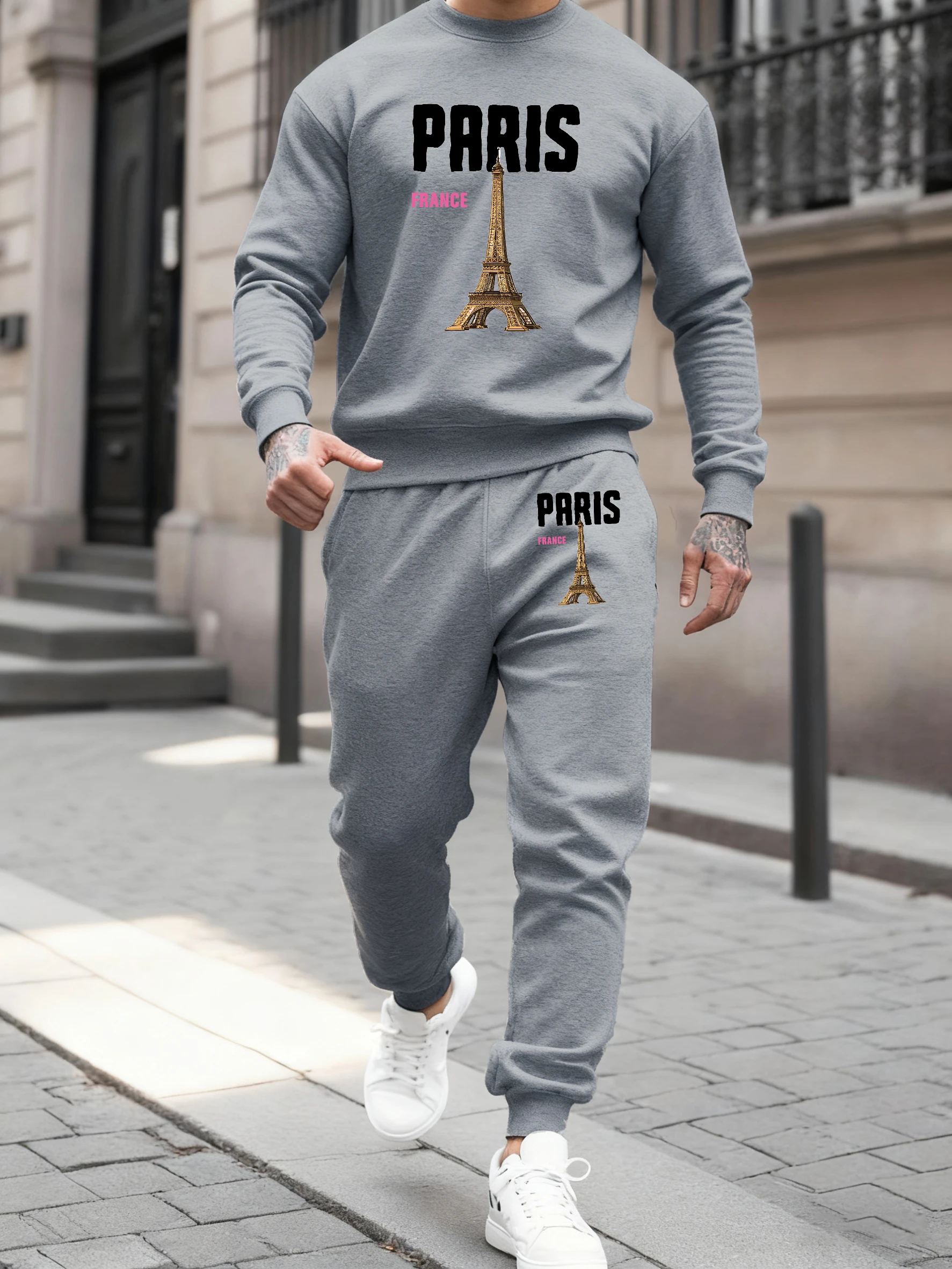 Francia Parigi Torre Eiffel Stampa Tuta da uomo Autunno Felpa casual Set Moda All-Match Pantaloni da jogging Abbigliamento sportivo in pile