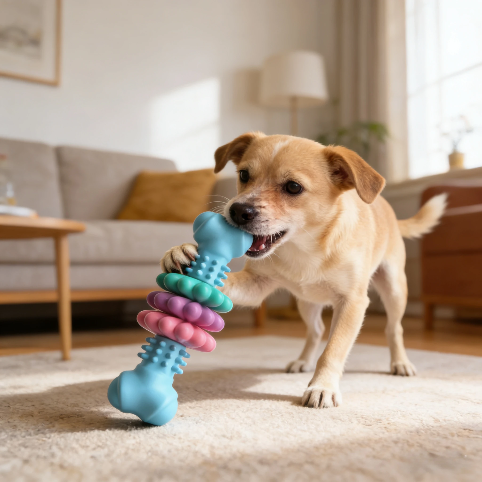 Juguete colorido para masticar mascotas multicapa, limpieza de dientes y diseño de masaje de encías, juguete de goma duradero para perros y cachorros
