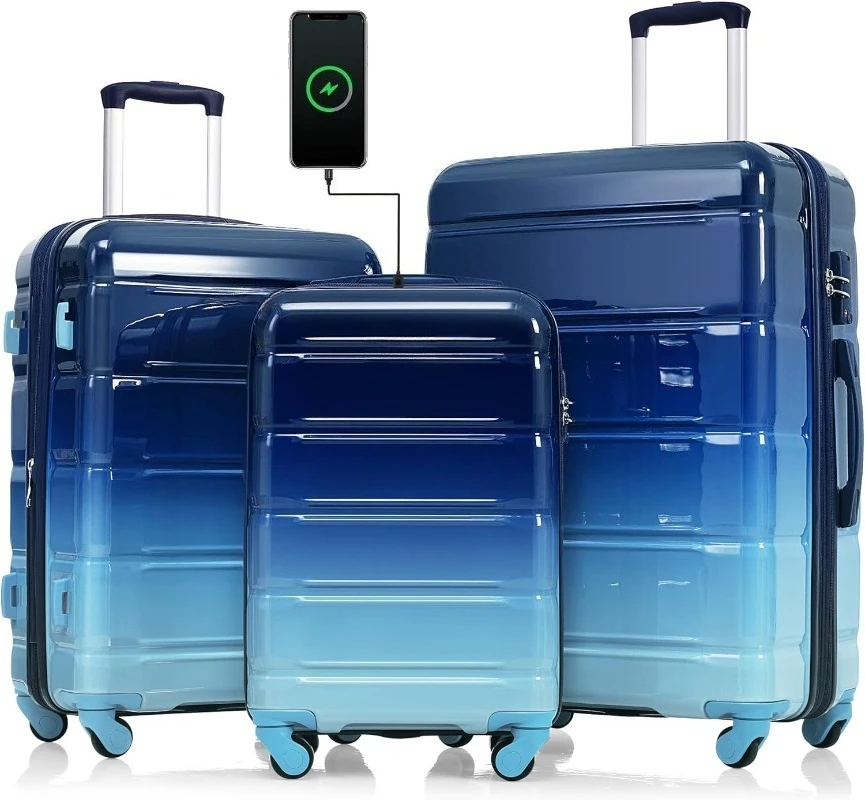 

3 Luggage Sets, ABS Hardshell Suitcase Spinner Wheels with USB Port TSA Lock, Blue and Navy, 20/24/28 Inch