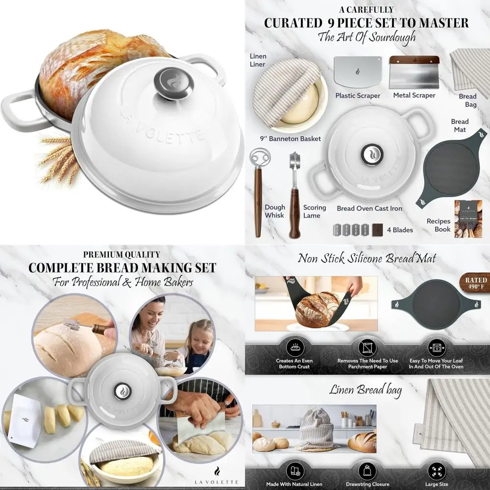 

Complete 9-Piece Bread Baking Set: Enamel Cast Iron Pan, Dutch Oven, Silicone Mat, Banneton, 6 Quart White