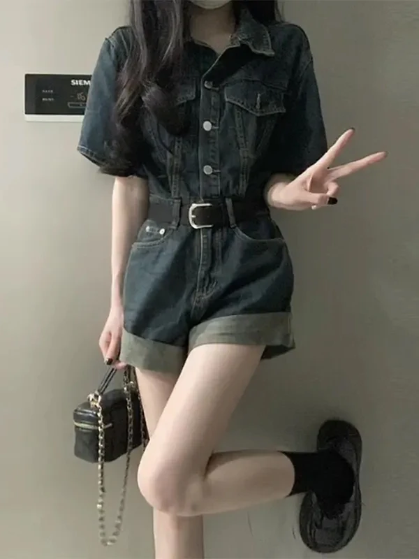 Denim-Einteiler mit hoher Taille für Damen, Sommer 2025, neues Vintage-Set, lockeres Gefühl, Ort-Hosen, lässige Taillen-Jeans mit weitem Bein