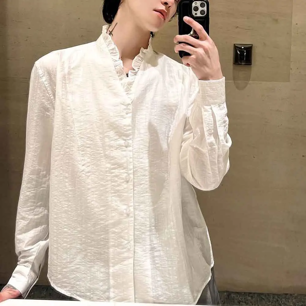 

2025 зимняя новая мужская однотонная плиссированная рубашка с длинными рукавами, модная французская ретро-мода, модный уличный повседневный свободный нишевый мужской топ