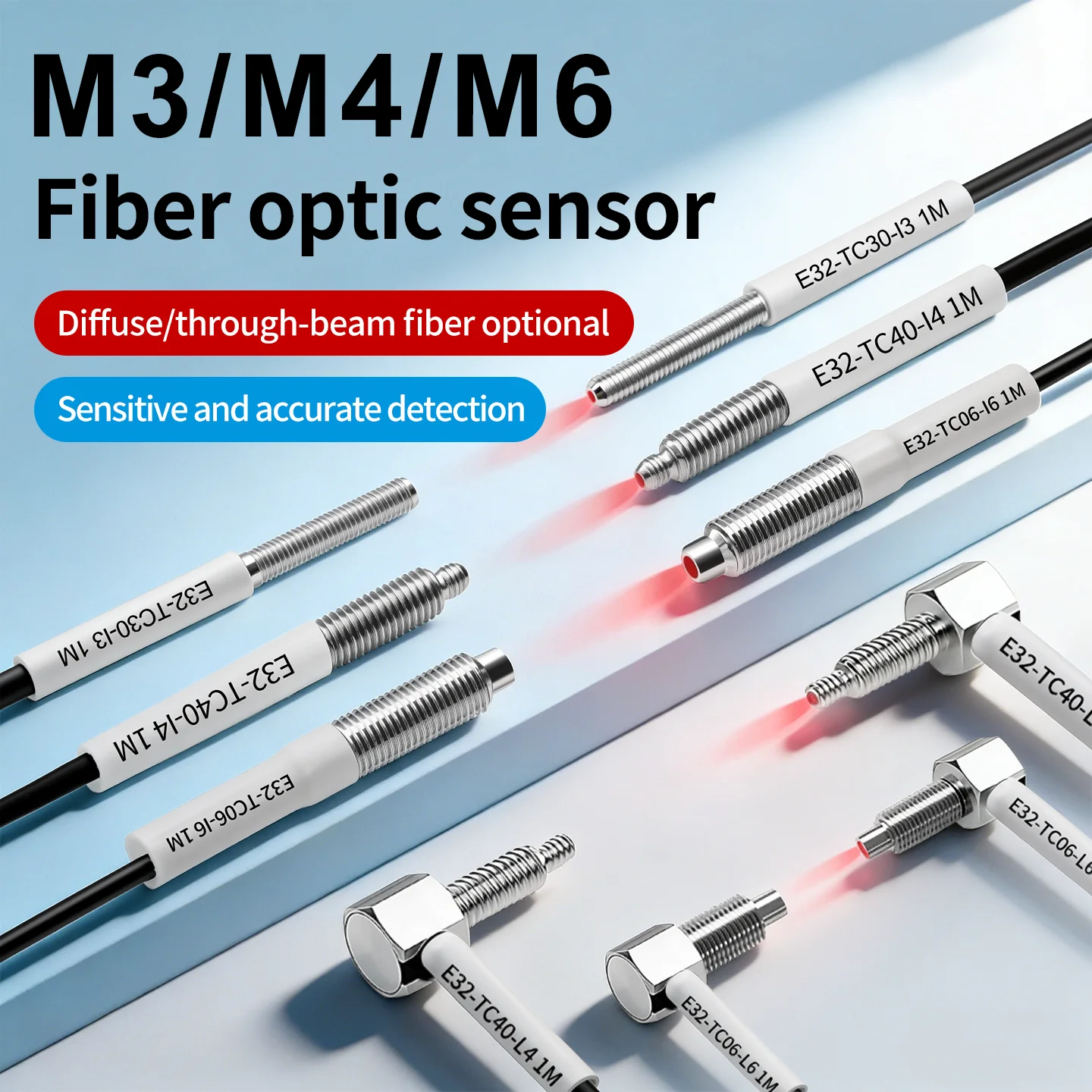 ZHICAN E32 Fiber Optic Sensor Head M3 M4 M6 Through Beam Diffuse Reflective Right Angle Fiber Unit