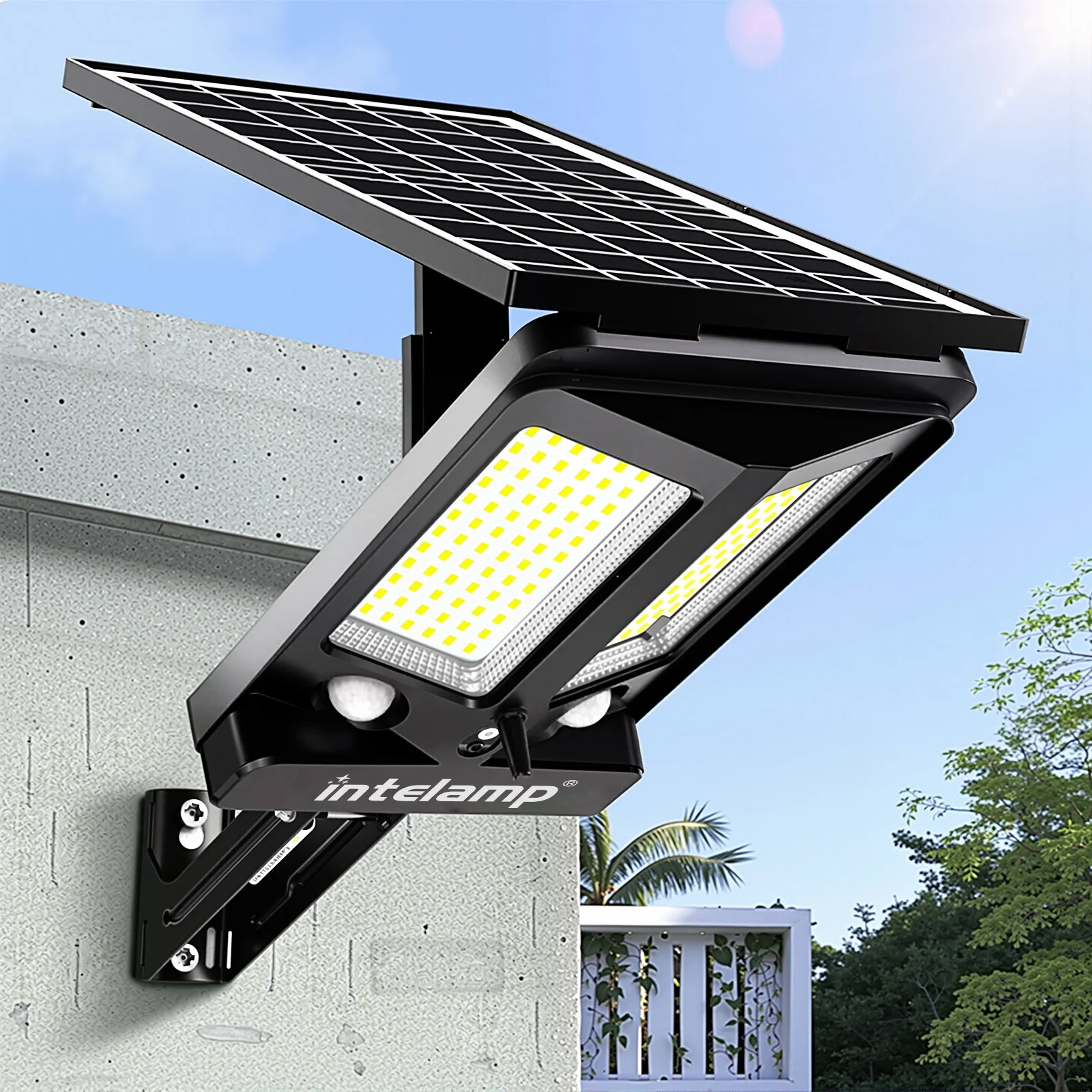 intelamp Outdoor Solar Light Floodlight With Super Large Solar Panel Charging Faster Two Motion Sensors Detect Wider&Longer 12500mAh 3000LM Waterproof For Garden Patio Courtyard Garage