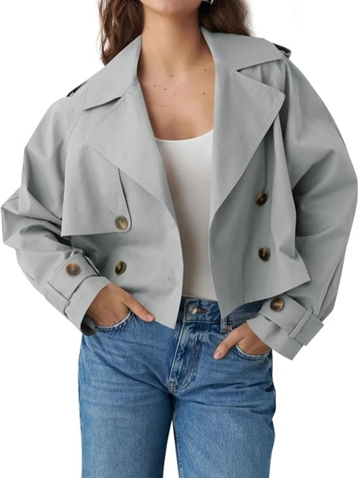 Double Breasted Office Lady Outerwears Women Cropped Trench Casual Coat Lapel Long Sleeve Short Jacket Fashion Loose Streetwear