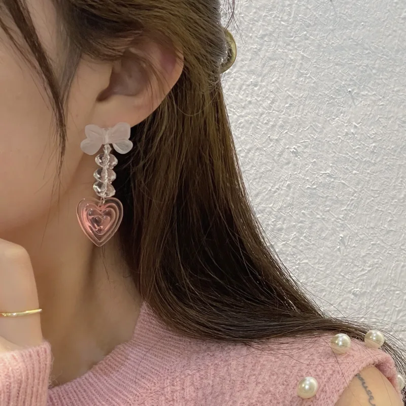 Japanese Transparent Cute Bow Crystal Chain Clip on Earrings Acrylic Pink Lovely Heart Pendant Clip Earrings Without Piercing