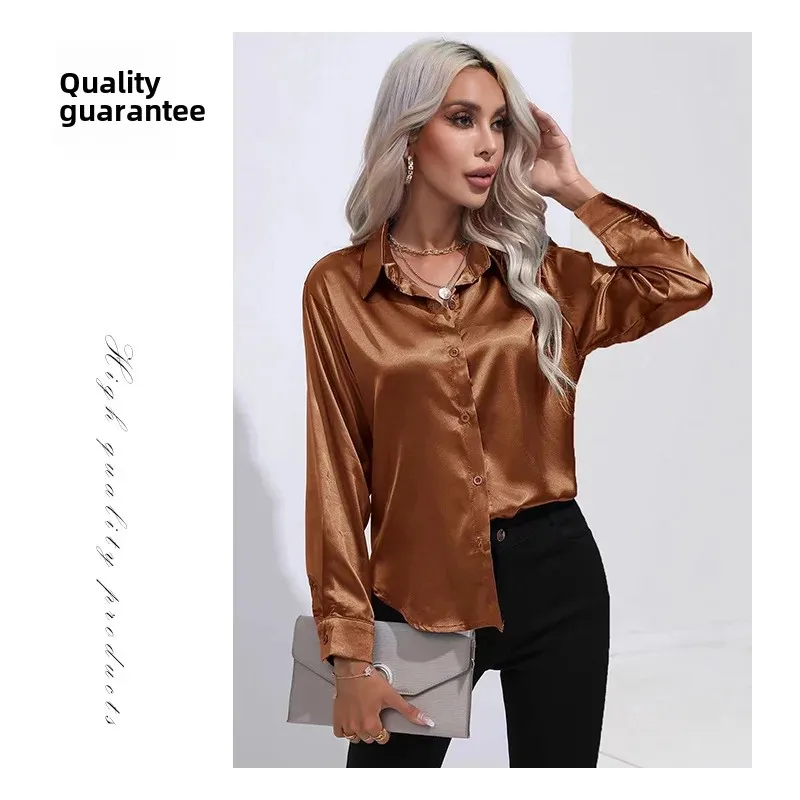 قميص نسائي أنيق بأكمام طويلة مصنوع من الحرير مثل المواد بلون سادة مع قميص بأزرار سفلية وطية صدر السترة من أمازون عصري
