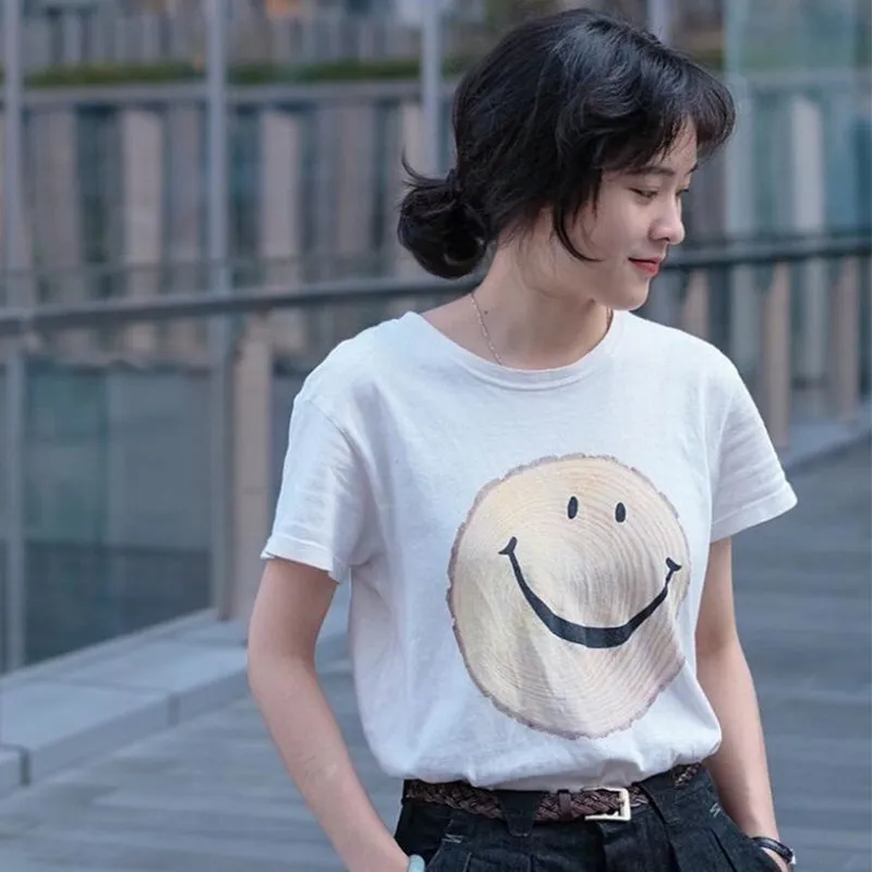 Japanese-style men's and women's trendy T-shirt with tree stump and smiling face print short-sleeved T-shirt