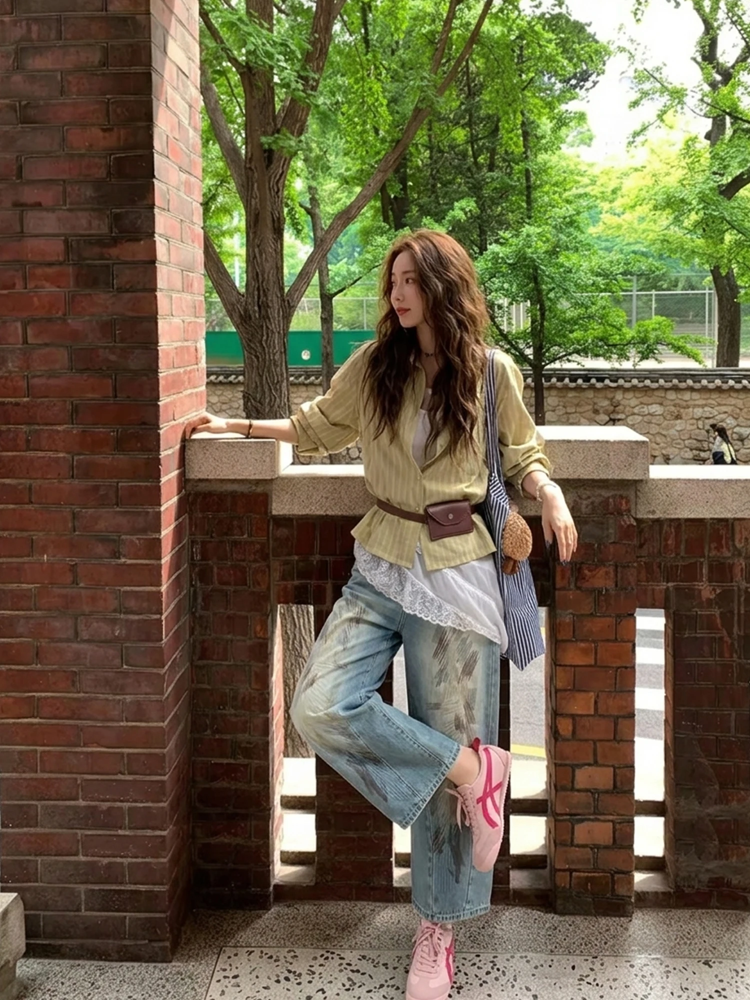 

New York Street Style Women's Jeans Wide Leg Straight Stitched Denim Spring Season Natural Waist Button Print Micro Stretch