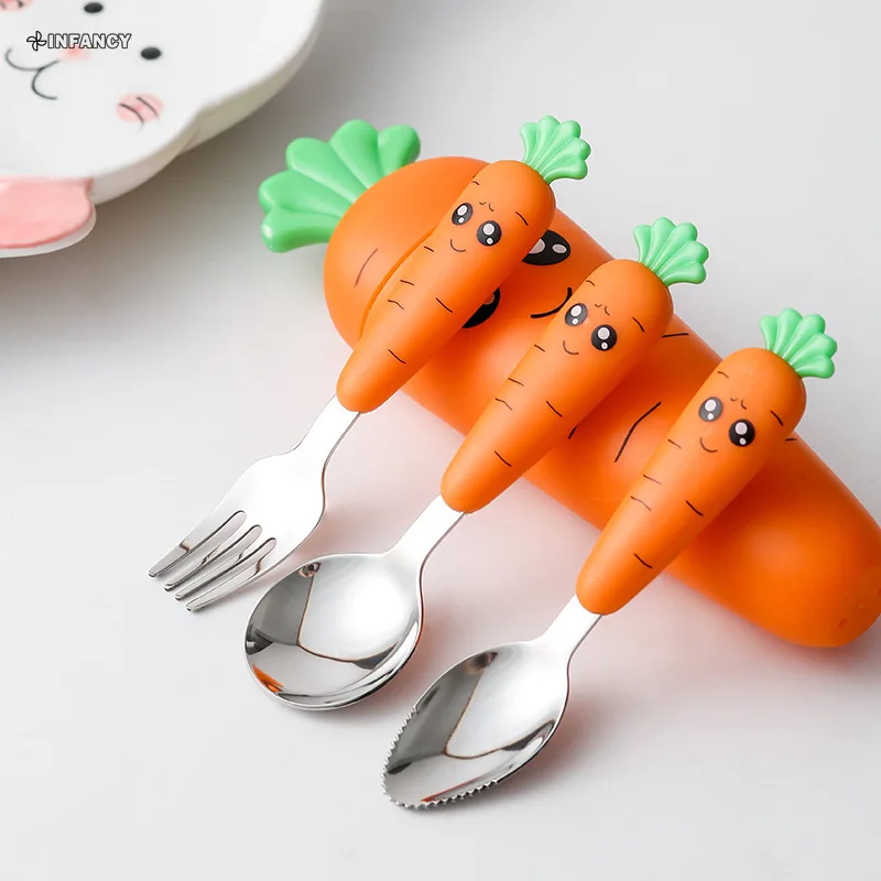 304Carrot Baby Gadgets Tableware Children Utensil Stainless Steel Toddler Dinnerware Cutlery Cartoon Carrot Baby Gadgets Feedkid