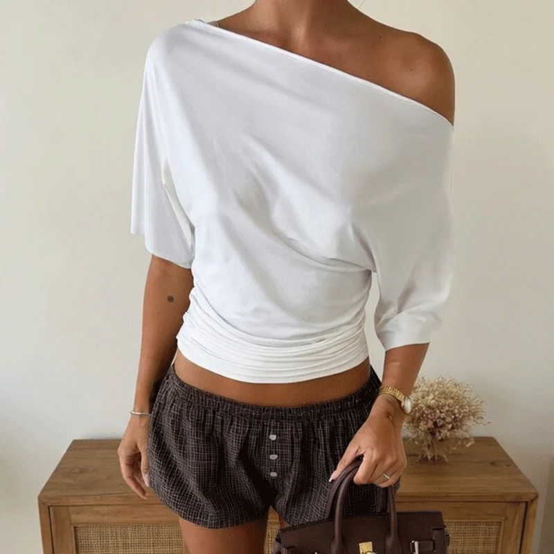 

Ticketsx Fashion Off Shoulder Ruched Top Solid Elegant Backless Short Sleeve Slim T-Shirt Summer Streetwear Vacation Women's Top