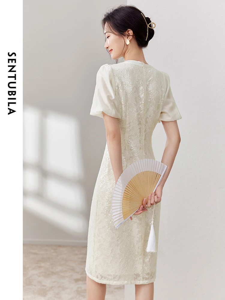 SENTUBILA Chinese Style Sequin Jacquard Cheongsam Women Summer Dress 2024 Fashion Tie Round Neck Fitted Dresses Woman 132L50247