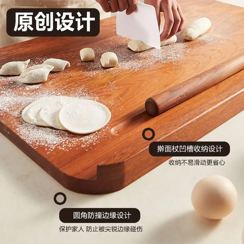 Large Wooden Pastry Board with Rolling Pin Dough Kneading Cutting for Dumplings Baking Kitchen Countertop Tool