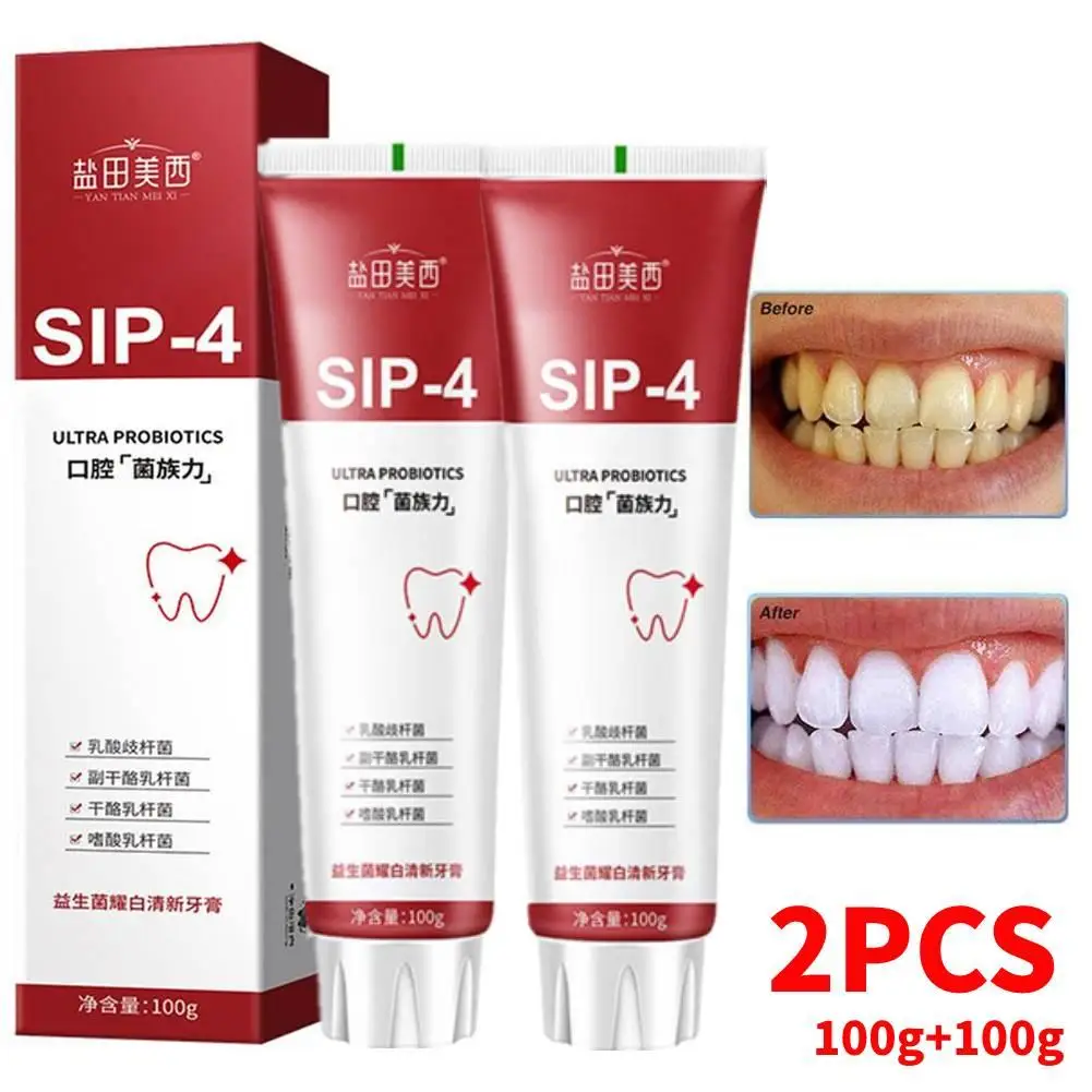 SIP-4 Creme dental probiótico Whitening, Clareamento e remoção de mancha, Dentes respiratórios frescos, 2pcs