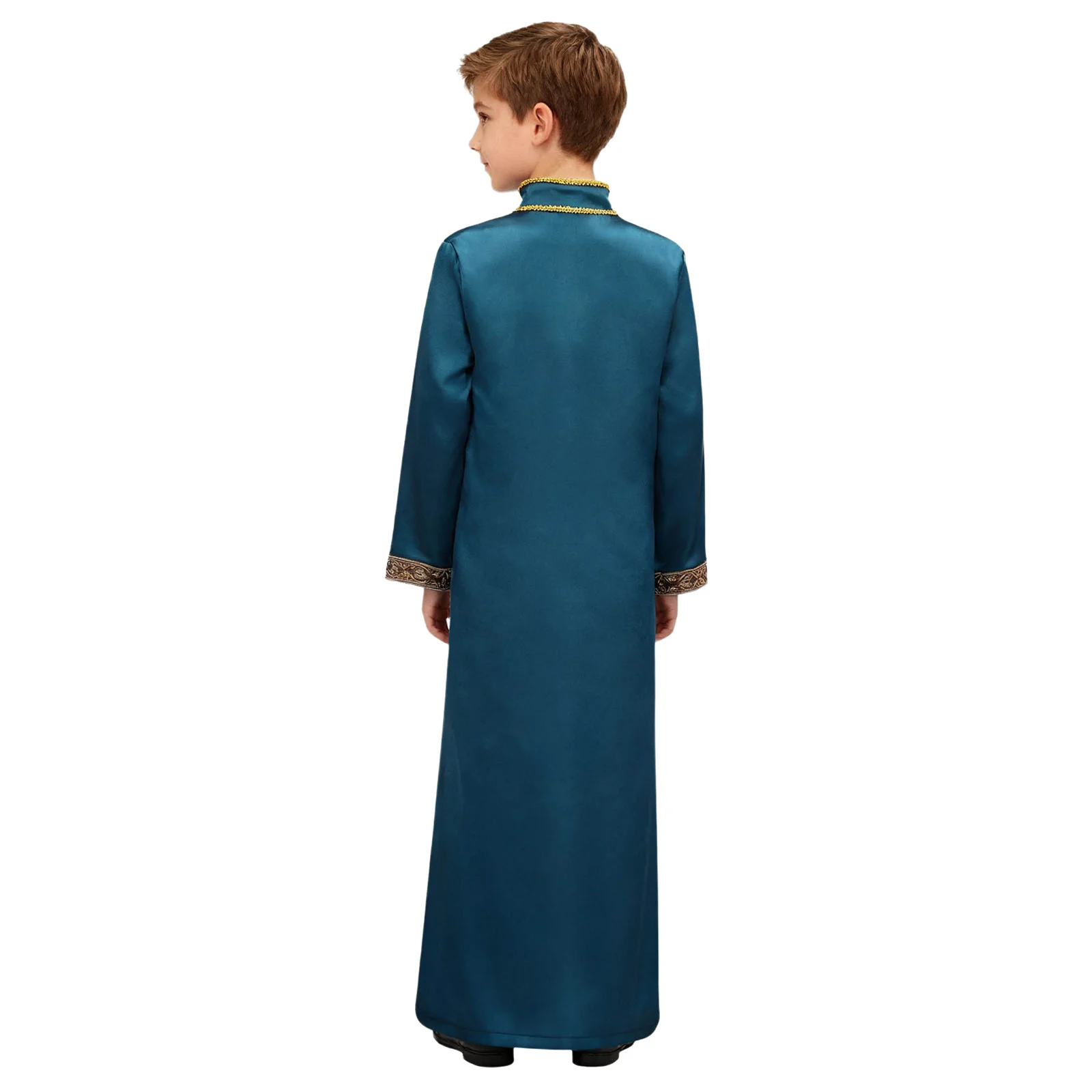 Boys Islamic Robe Kaftans Arab Gown Long Sleeves Slit Gold Embroidery Zipper Maxi Muslim Thobe Kids Festival Holiday Costume