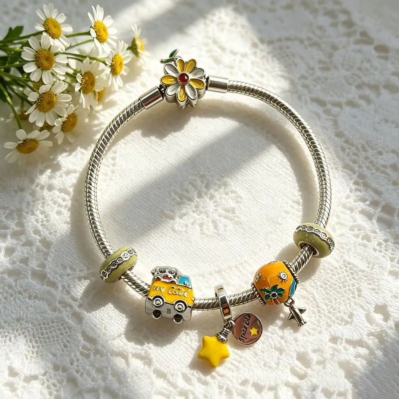 925 Silver Jewelry Set Yellow Series Dog Coconut Tree Star Charms Chrysanthemum Pendant Bracelet Making Jewelry Gifts with Box