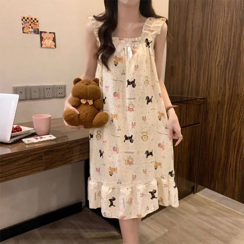 

Casual Loose Sweet Home Sleeveless Suspender Nightdress With Chest Pad For Women
