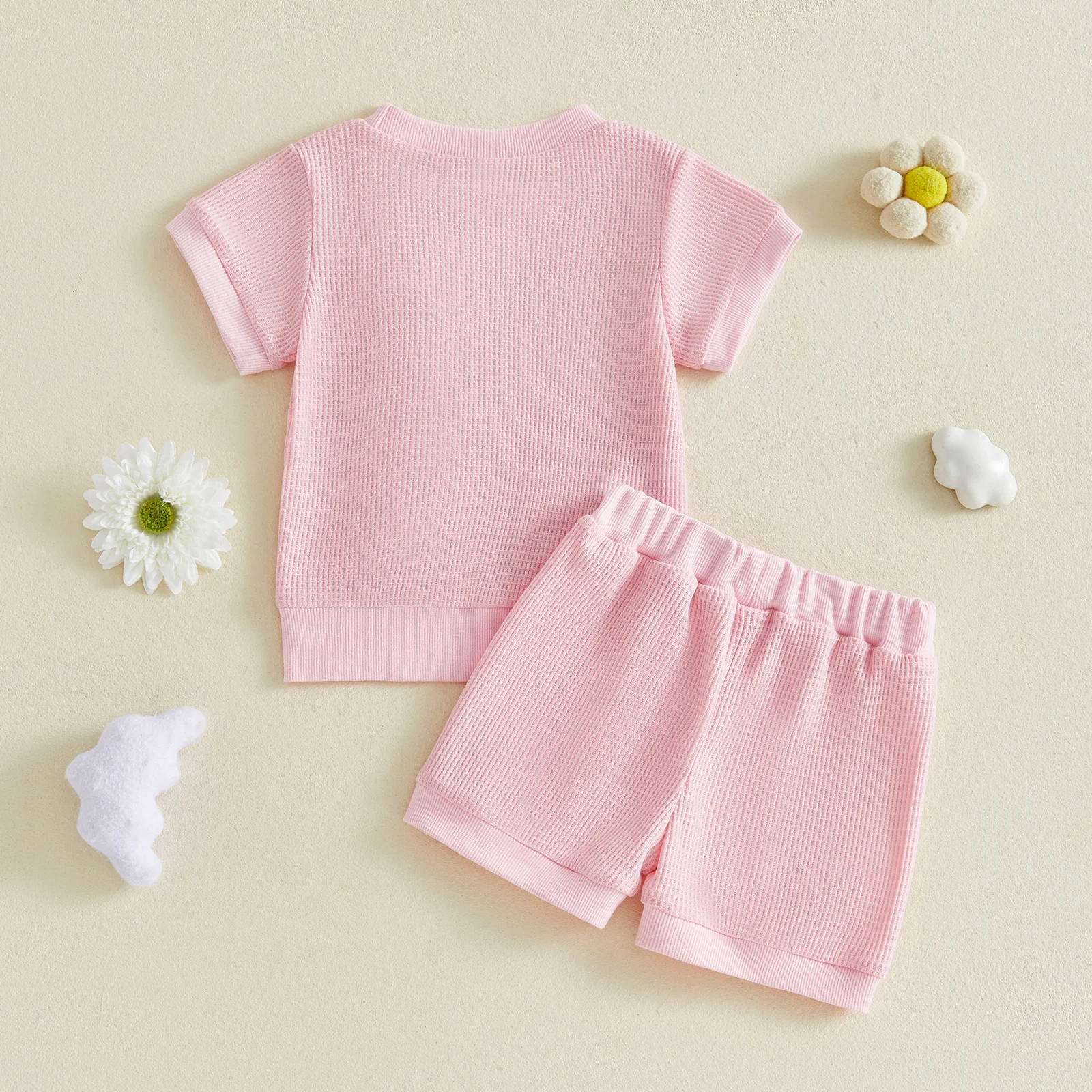 

Комплект из двух предметов для маленьких девочек, очаровательный комплект из вафельного топа с короткими рукавами и шортами с 3D цветочным принтом