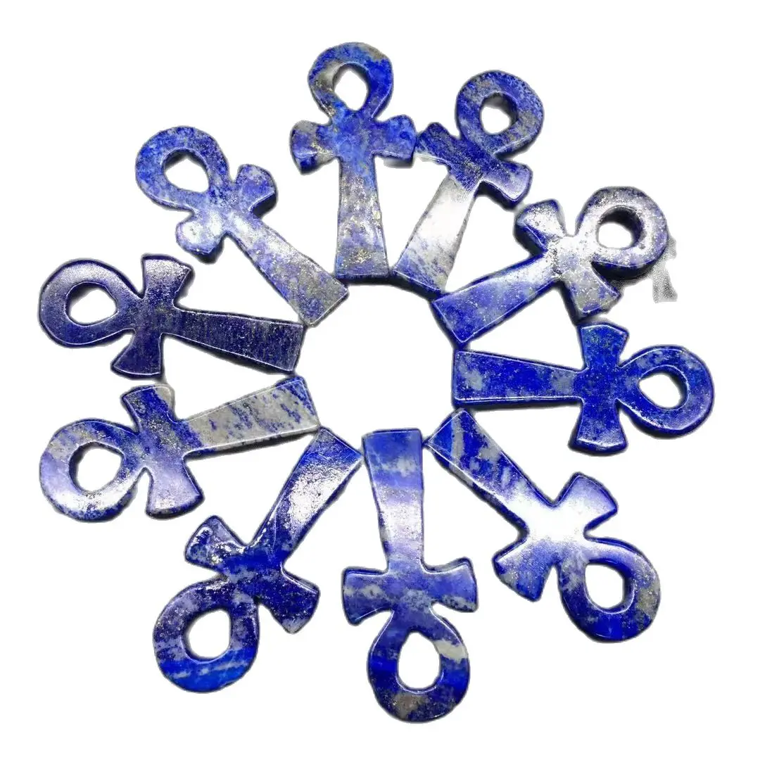 Natural Lapis Lazuli Quartz Crystal Carved Cross Pray ANKH Healing Decorate 1PC