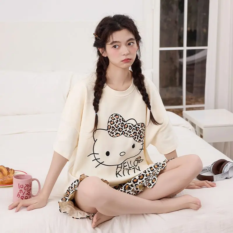

Sanrio Summer New Products Leopard Print Katy Short Sleeved Shorts Home Wear Casual Loose Cartoon Pajamas