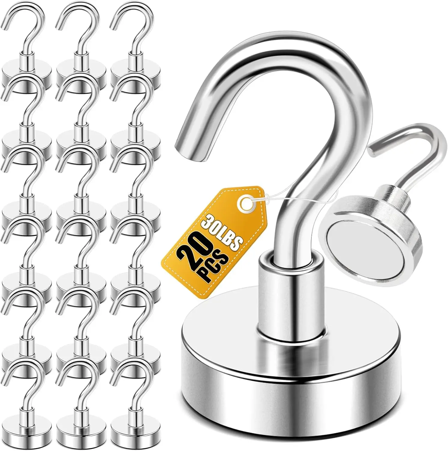 

30lbs Heavy Duty Magnetic Hooks for Cruise Ship, Refrigerator, Kitchen, Classroom - 20 Pack Silver