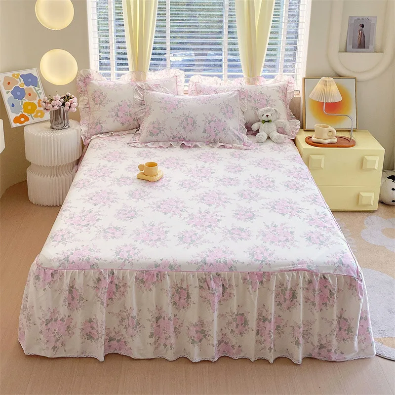 100% Cotton Pink Flower Theme Bed Skirt Set, Plant Floral Queen Bedding with 2 Pillowcase, Adults Girls Skin-friendly Bed Covers