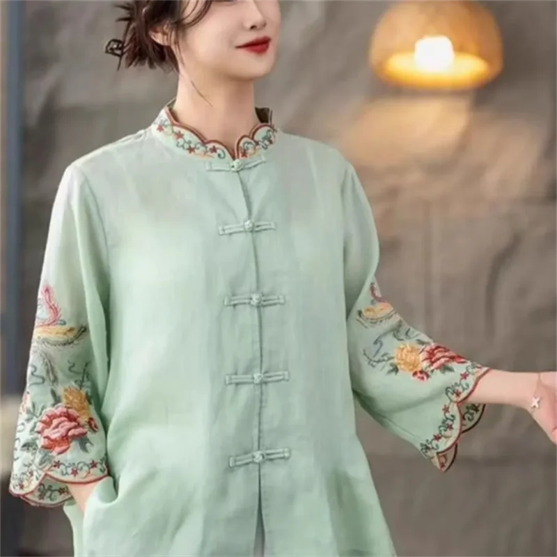 

Блузка с вышивкой, женская рубашка, рубашка в китайском стиле, этнические топы в стиле ретро, хлопковая льняная блузка, летняя женская одежда, рубашка