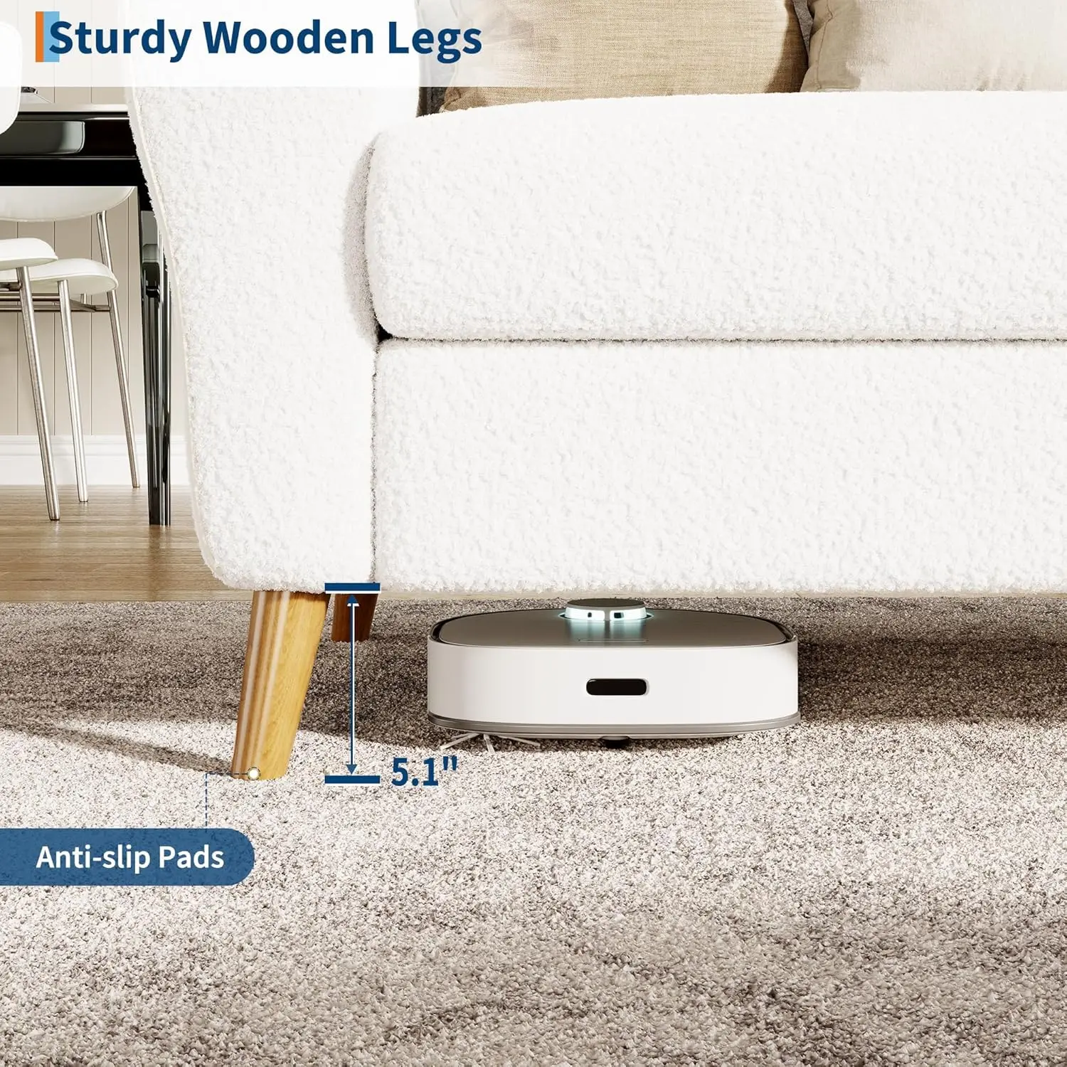 Sofá moderno de 3 lugares de 84 polegadas, sofá Boucle, pés de madeira, bege