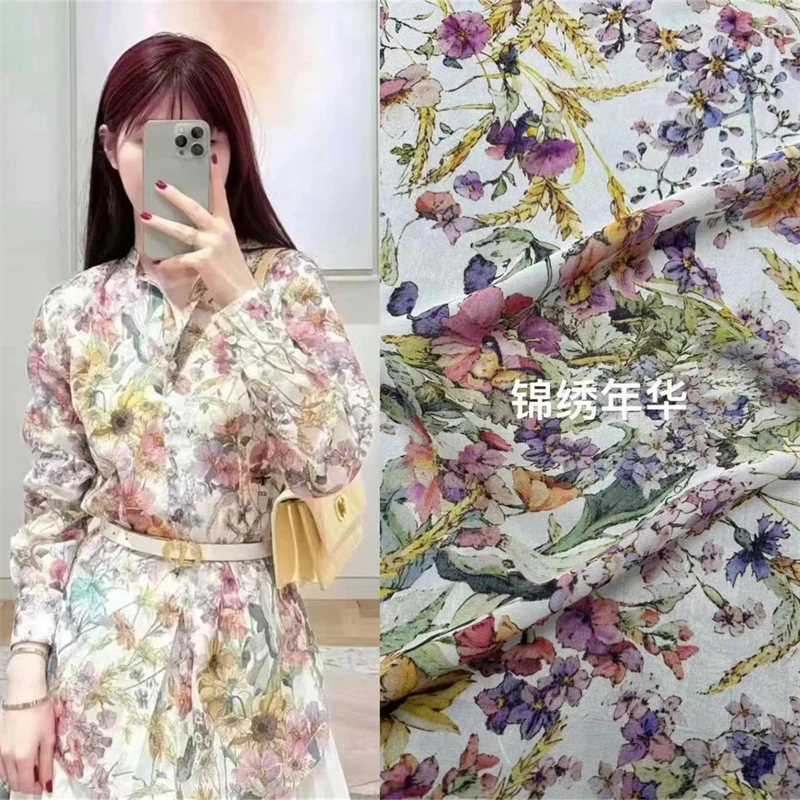 

D's New Floral Printed Crepe Georgette 100% Silk Fabric High End Handmade DIY Women's Clothing Chiffon Satin Sewing Materials