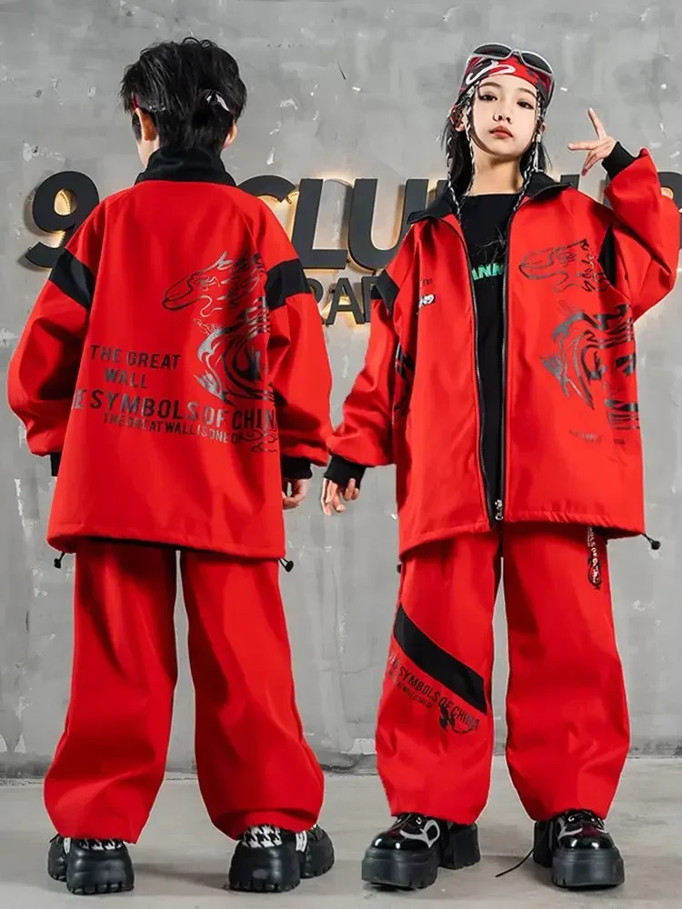 Veste et pantalon Hip Hop rouges de style chinois pour enfants, vêtements de scène pour filles, vêtements de danse jazz, trempés pour enfants, 2024