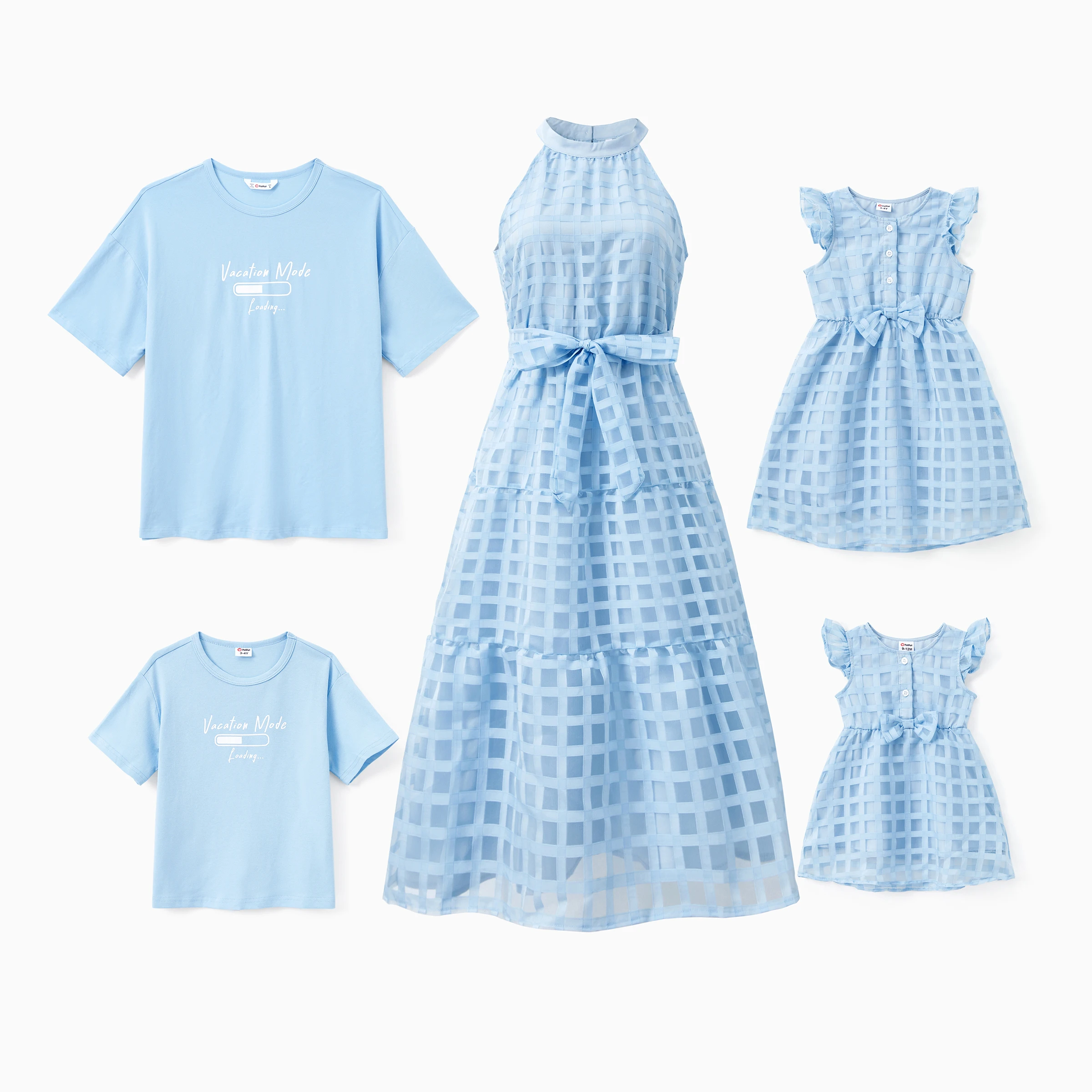 PatPat Family Matching Sets Blue Vacation Mode Tee or Tiered Checkered Organza Mesh Halter Dress