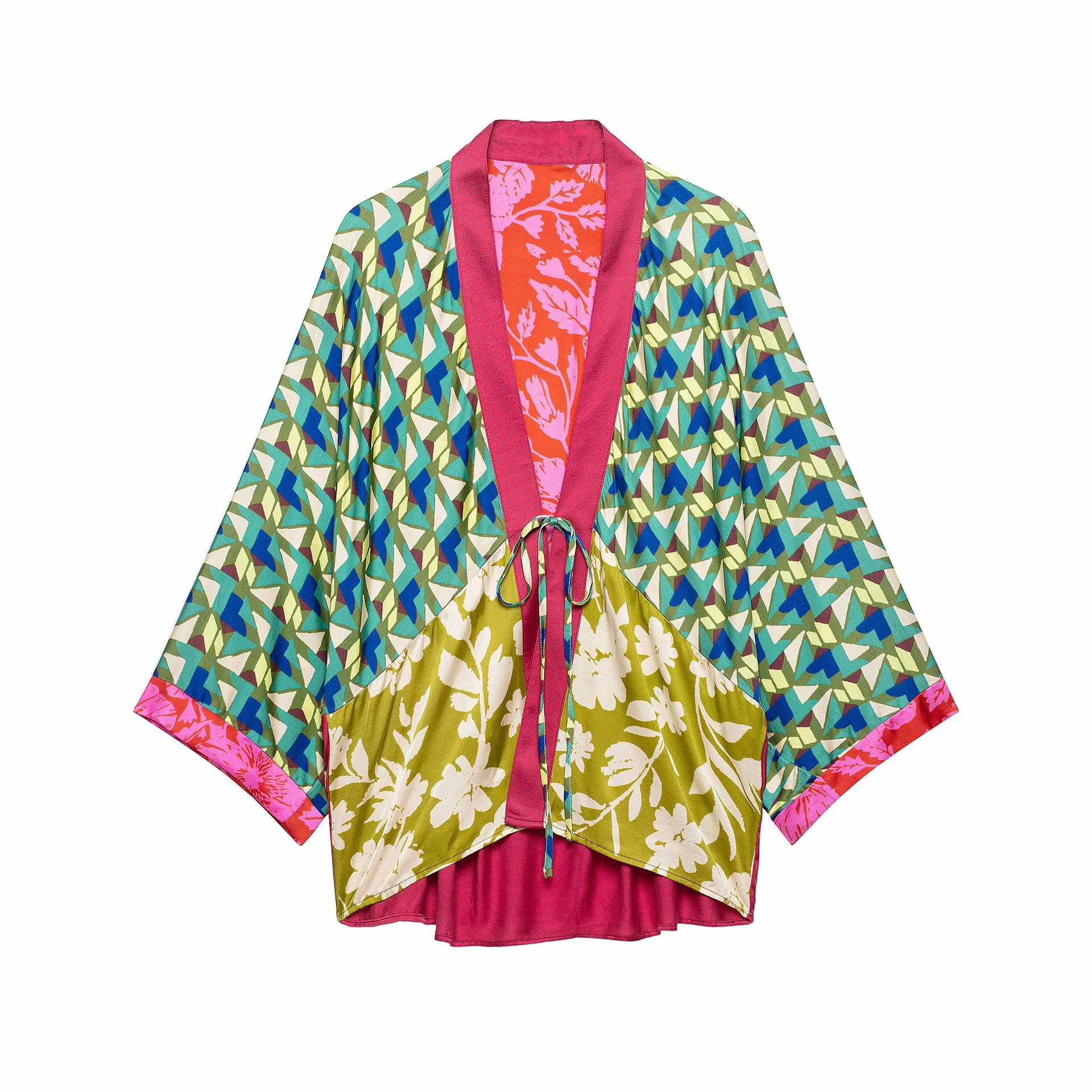 2 pieces 1 Set Autumn Contrast Color Geometric Print Bow Long Bat Sleeve Kimono Cardigan + Tie Bow Waist Asymmetry Skirts Suits view 3