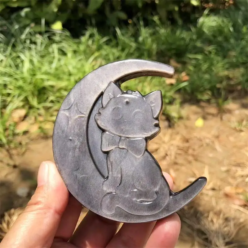 

Natural Silver Obsidian Moon Cat Carving Crystals Beautiful Gemstone for Home Decoration Collection 1PCS
